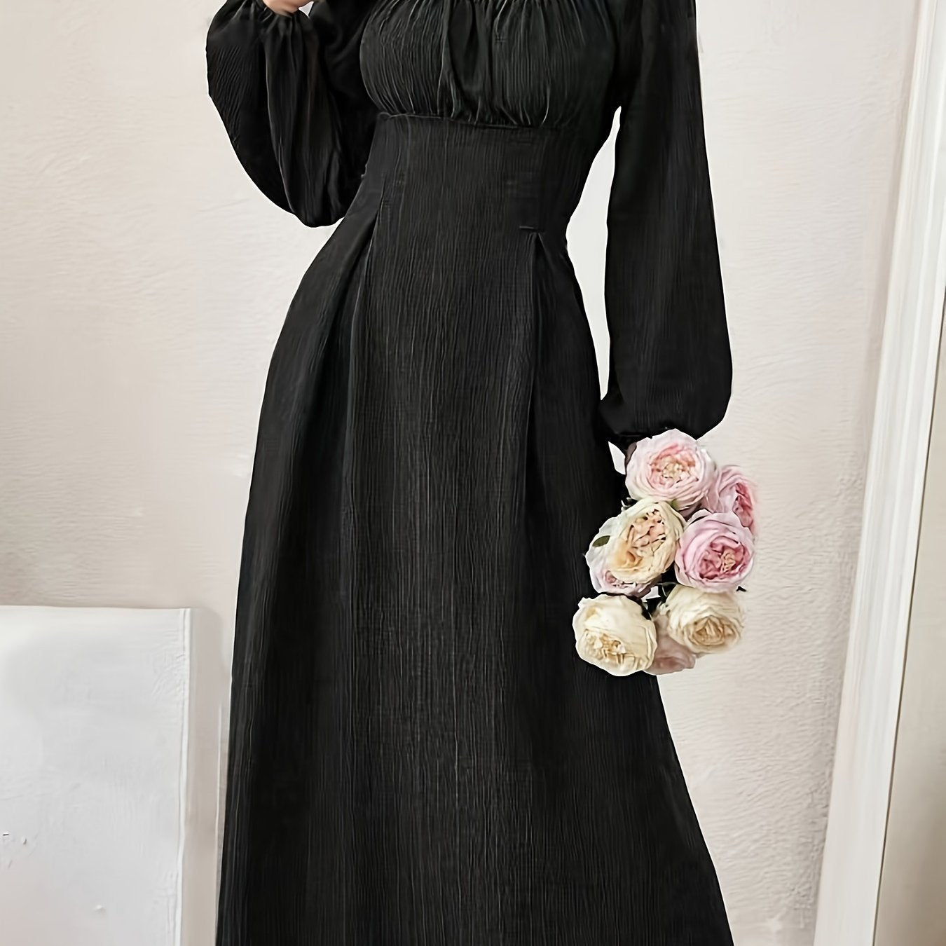 Stunning Textured Cross Tie Lantern Sleeve Midi Dress