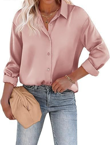 Women's Satin Top Long Sleeve Button Shirt Autumn