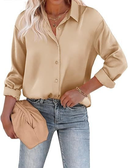 Women's Satin Top Long Sleeve Button Shirt Autumn