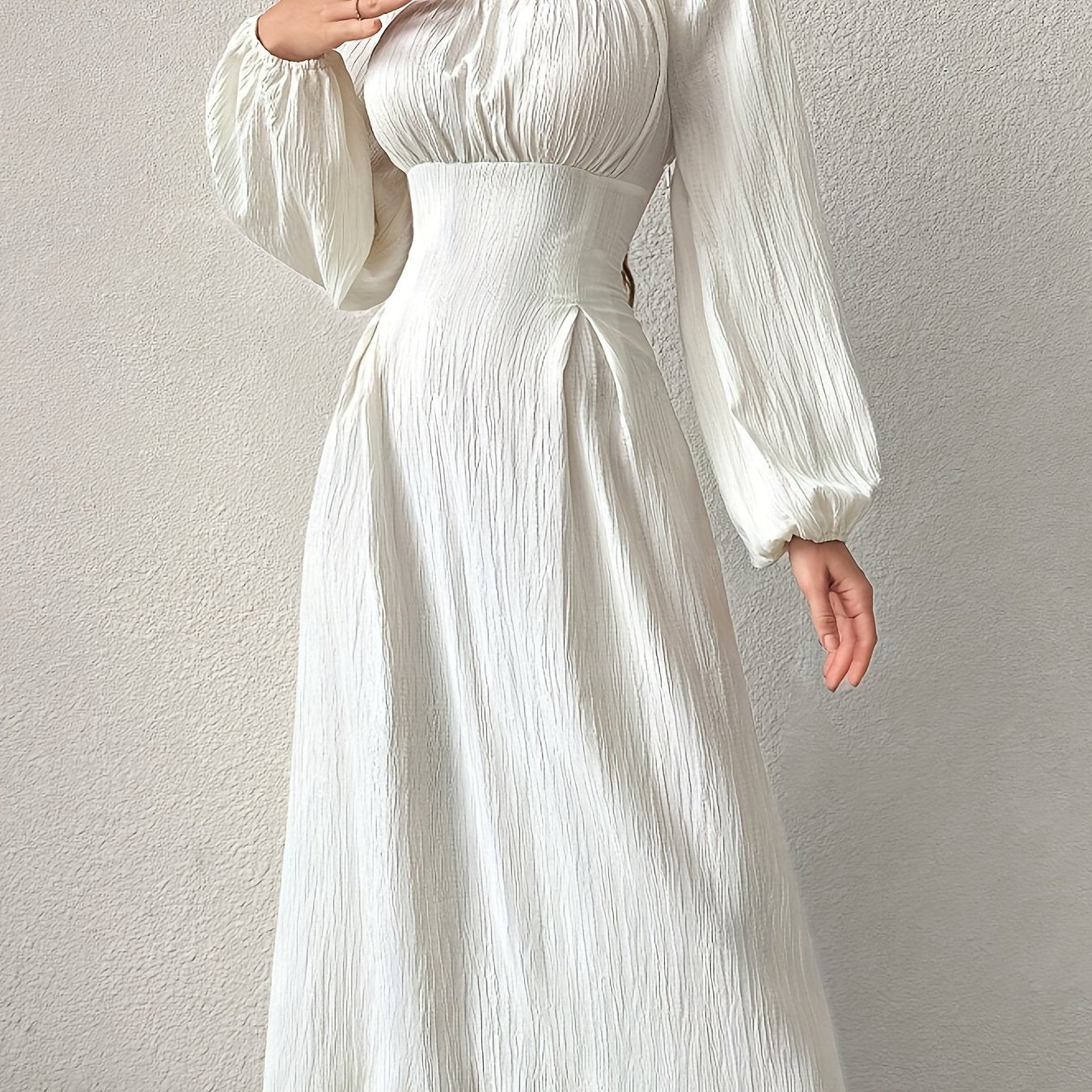 Stunning Textured Cross Tie Lantern Sleeve Midi Dress