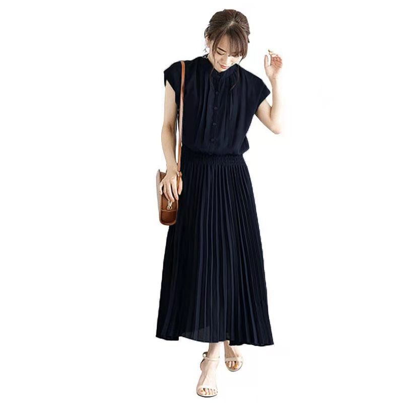 New Elegant Japanese Style Dress Comfortable Waist Trimming Short-sleeved Chiffon Dress Women