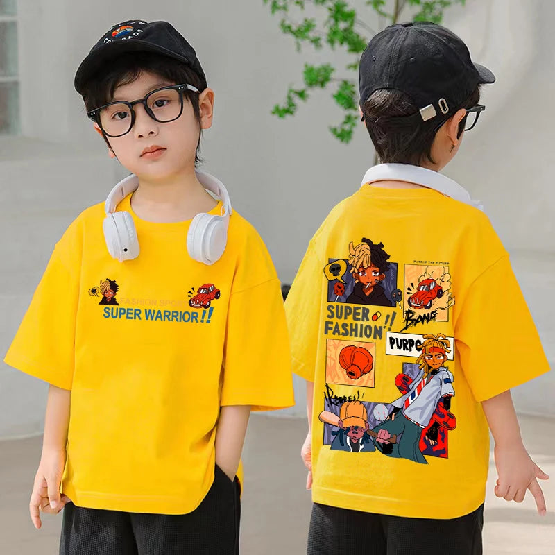 Korean Children's Clothes 2025 Streetwear Boys Hip Hop Graphic T Shirts Cotton Tops Short Sleeve Tees Summer Boys Kids Clothes