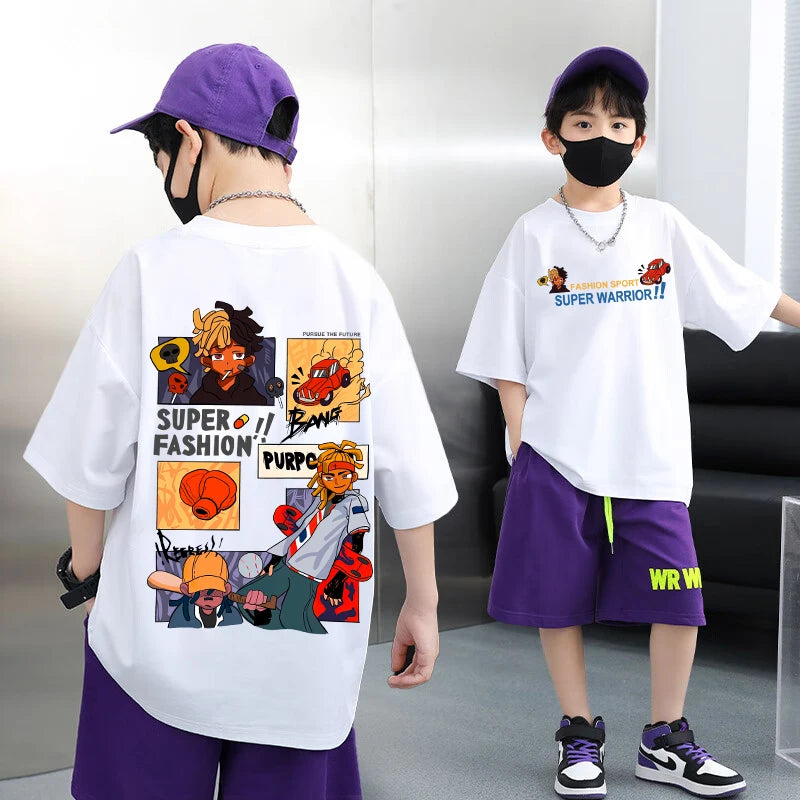Korean Children's Clothes 2025 Streetwear Boys Hip Hop Graphic T Shirts Cotton Tops Short Sleeve Tees Summer Boys Kids Clothes