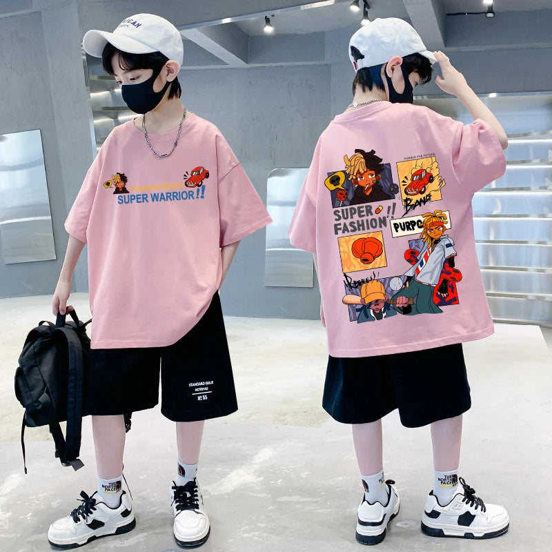 Korean Children's Clothes 2025 Streetwear Boys Hip Hop Graphic T Shirts Cotton Tops Short Sleeve Tees Summer Boys Kids Clothes