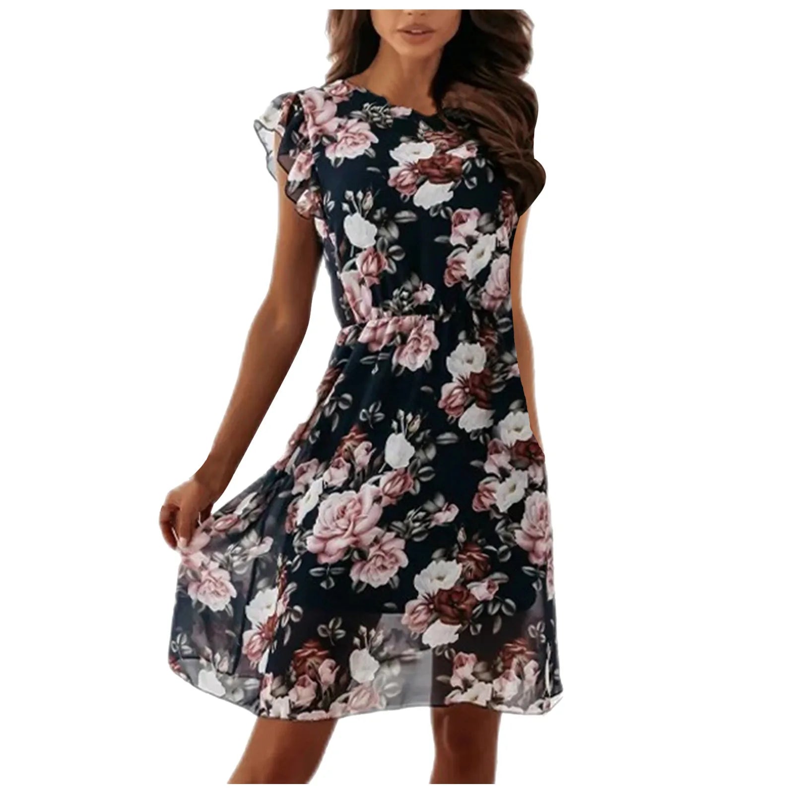 Lace-Up Mini Dress - Chiffon Print Short-Sleeved Ruffled Women's Dress