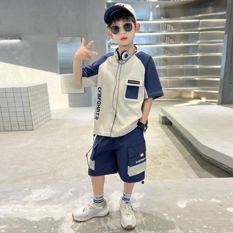 Kids Clothing Sets For Boys Fashion Short Sleeve T Shirts Shorts 2pcs Tracksuits Summer Children Teenager Sportswear Suits 5-14Y