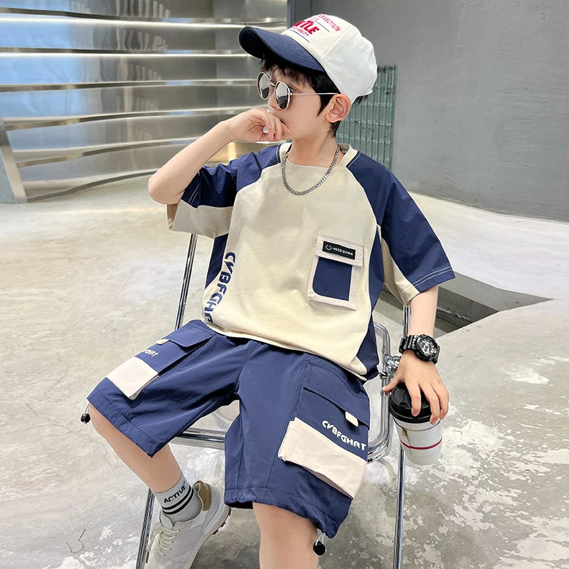 Kids Clothing Sets For Boys Fashion Short Sleeve T Shirts Shorts 2pcs Tracksuits Summer Children Teenager Sportswear Suits 5-14Y