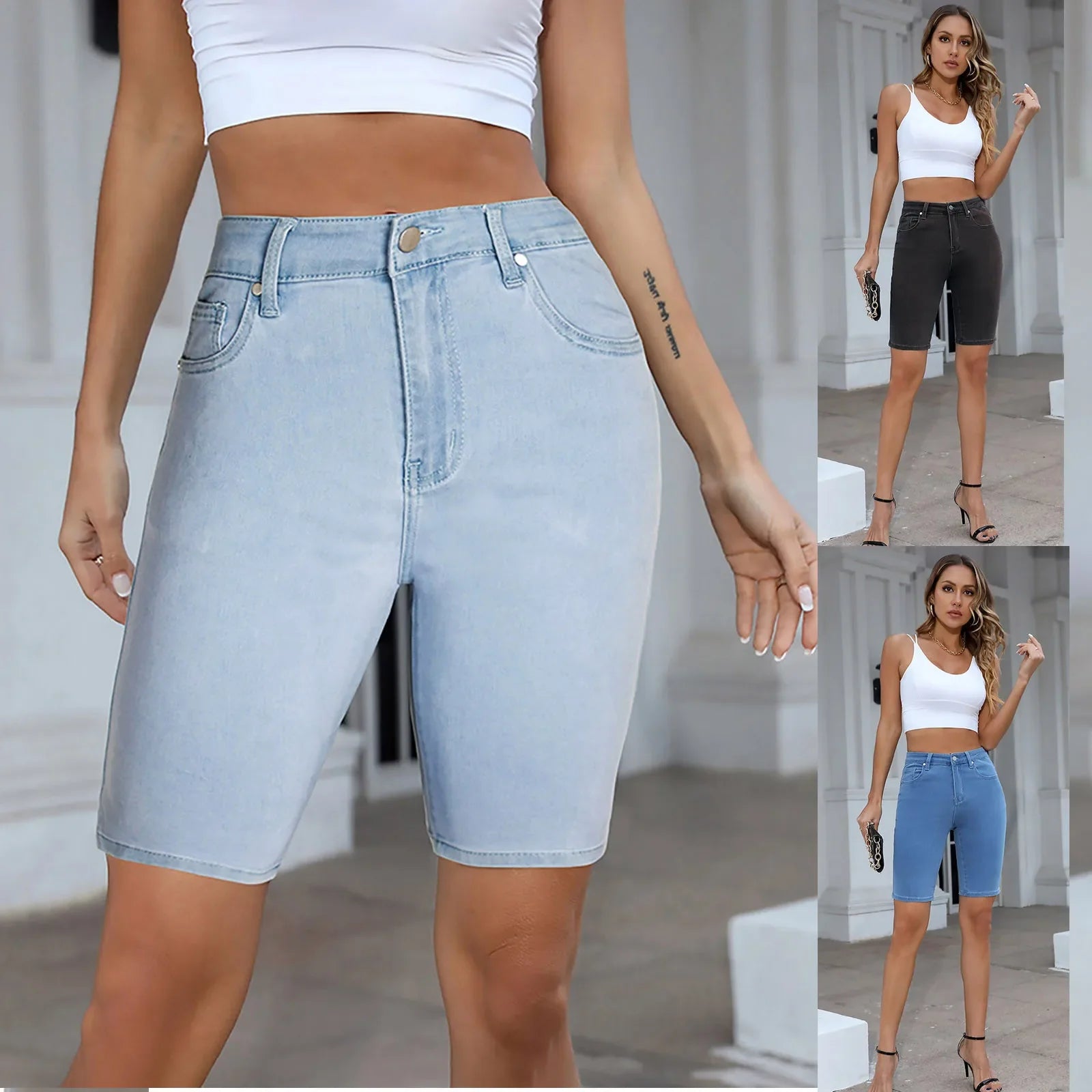 Casual Retro Black High Waist Denim Shorts for Women - Knee-long Summer Shorts