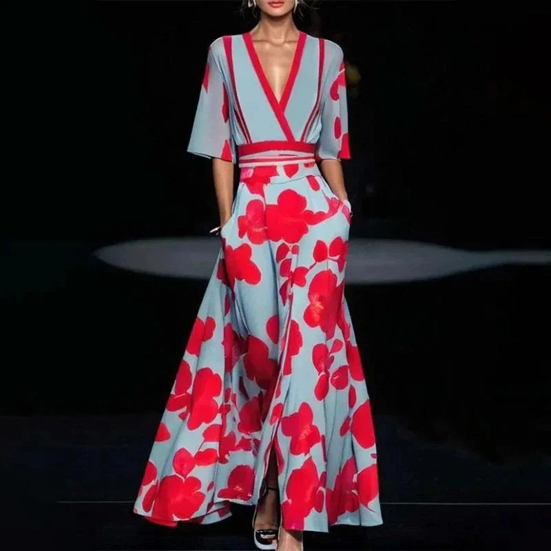 Women Fashion  Spring V Neck Belted Party Long Dress Sexy Printing A-Line Boho Dress Summer Short Sleeve Pocket Maxi Dresses