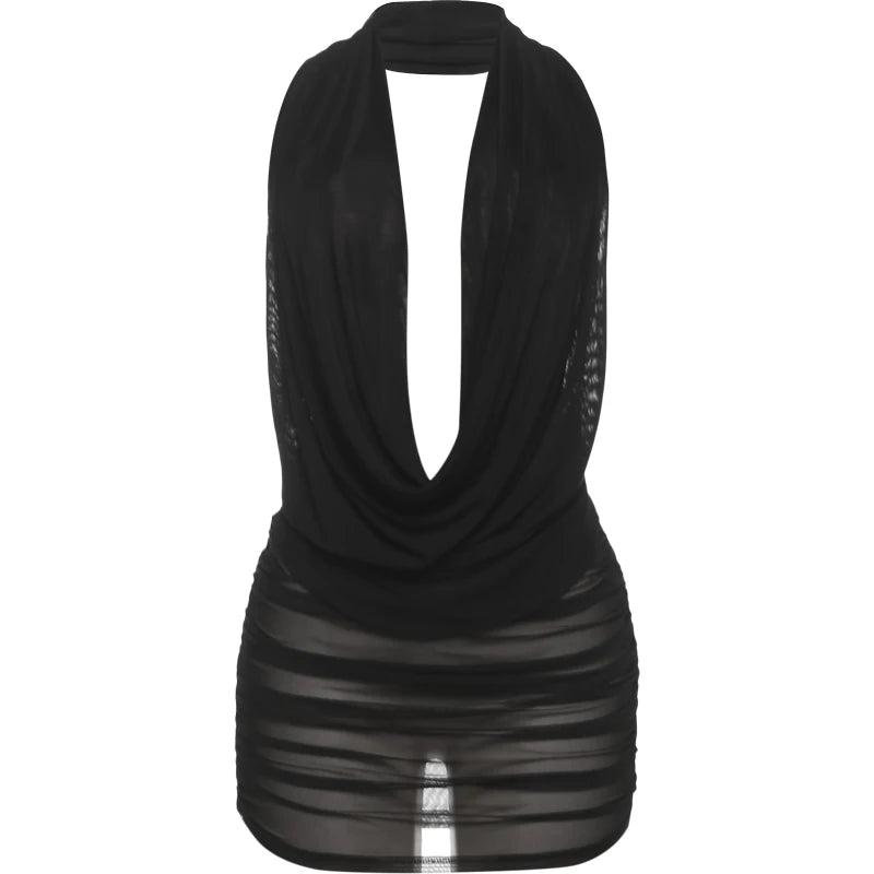 Whatiwear Ruched Elegant 2 Piece Set Women Halter Bandage Backless Camisole+Sexy See Through Skirts Midnight Club Party Outfits