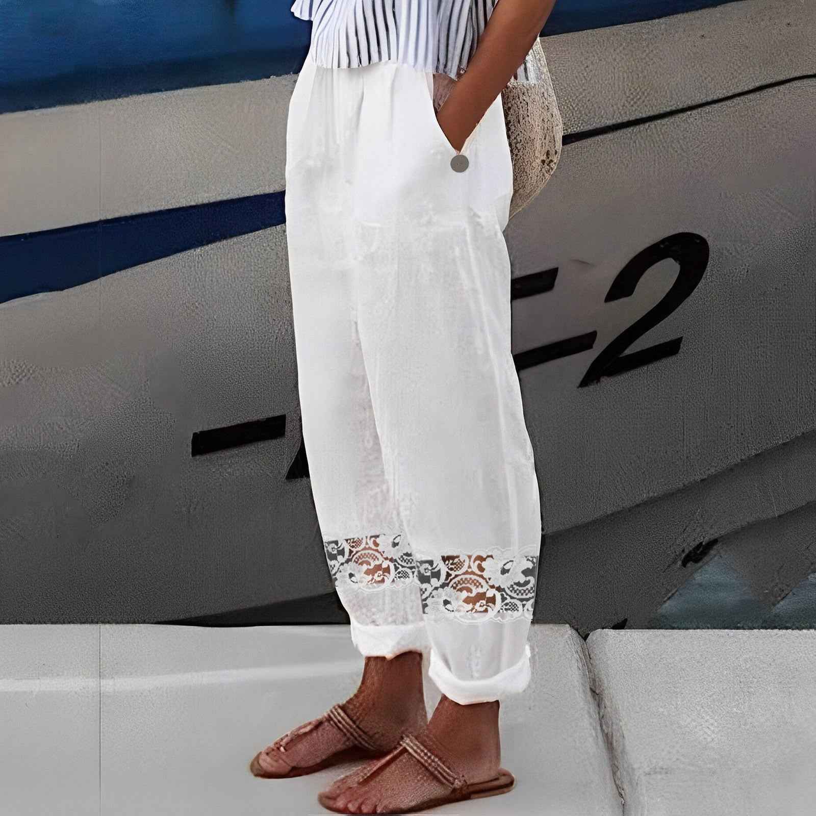 Cropped Loose Pants Women - Streetwear Cotton Lace Casual Pants Elastic Waist Trousers