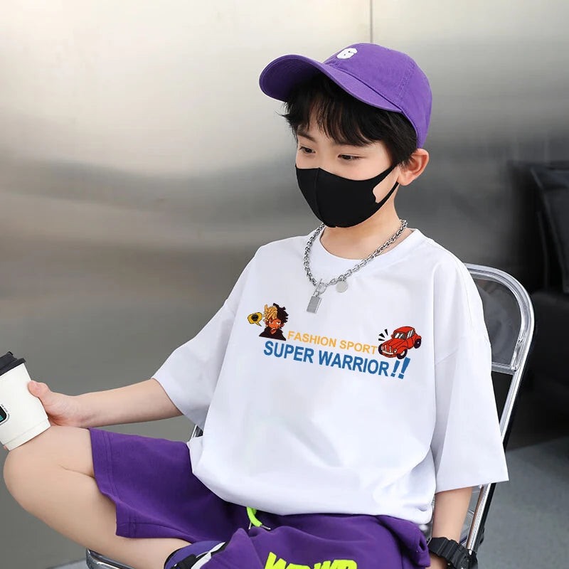 Korean Children's Clothes 2025 Streetwear Boys Hip Hop Graphic T Shirts Cotton Tops Short Sleeve Tees Summer Boys Kids Clothes