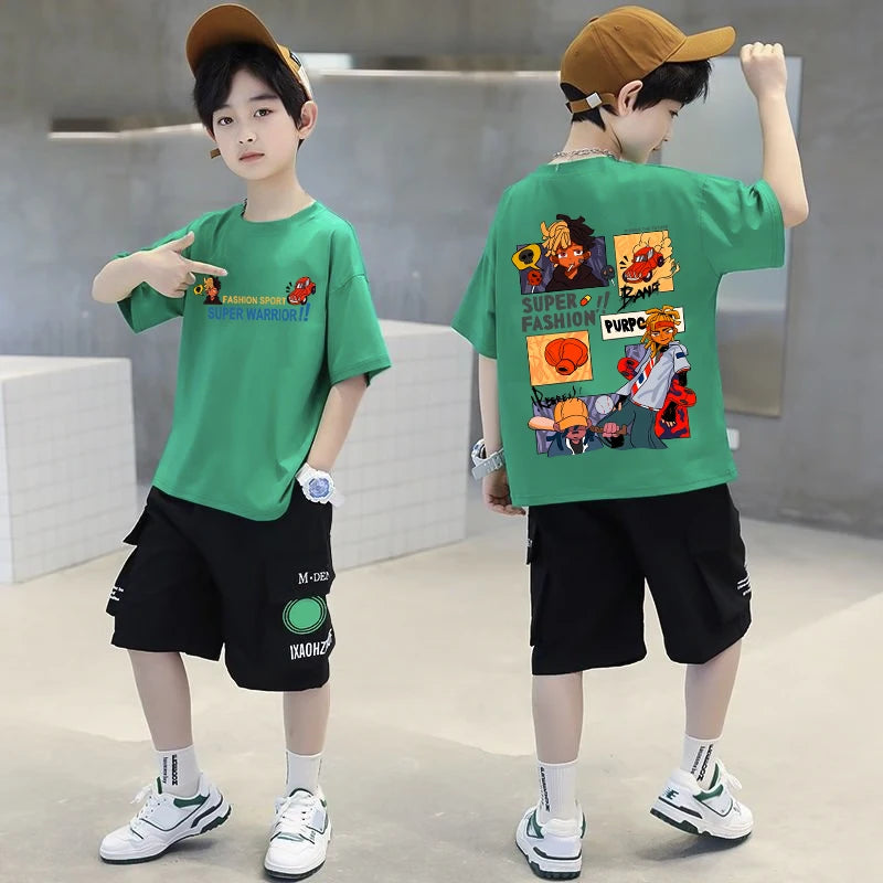 Korean Children's Clothes 2025 Streetwear Boys Hip Hop Graphic T Shirts Cotton Tops Short Sleeve Tees Summer Boys Kids Clothes