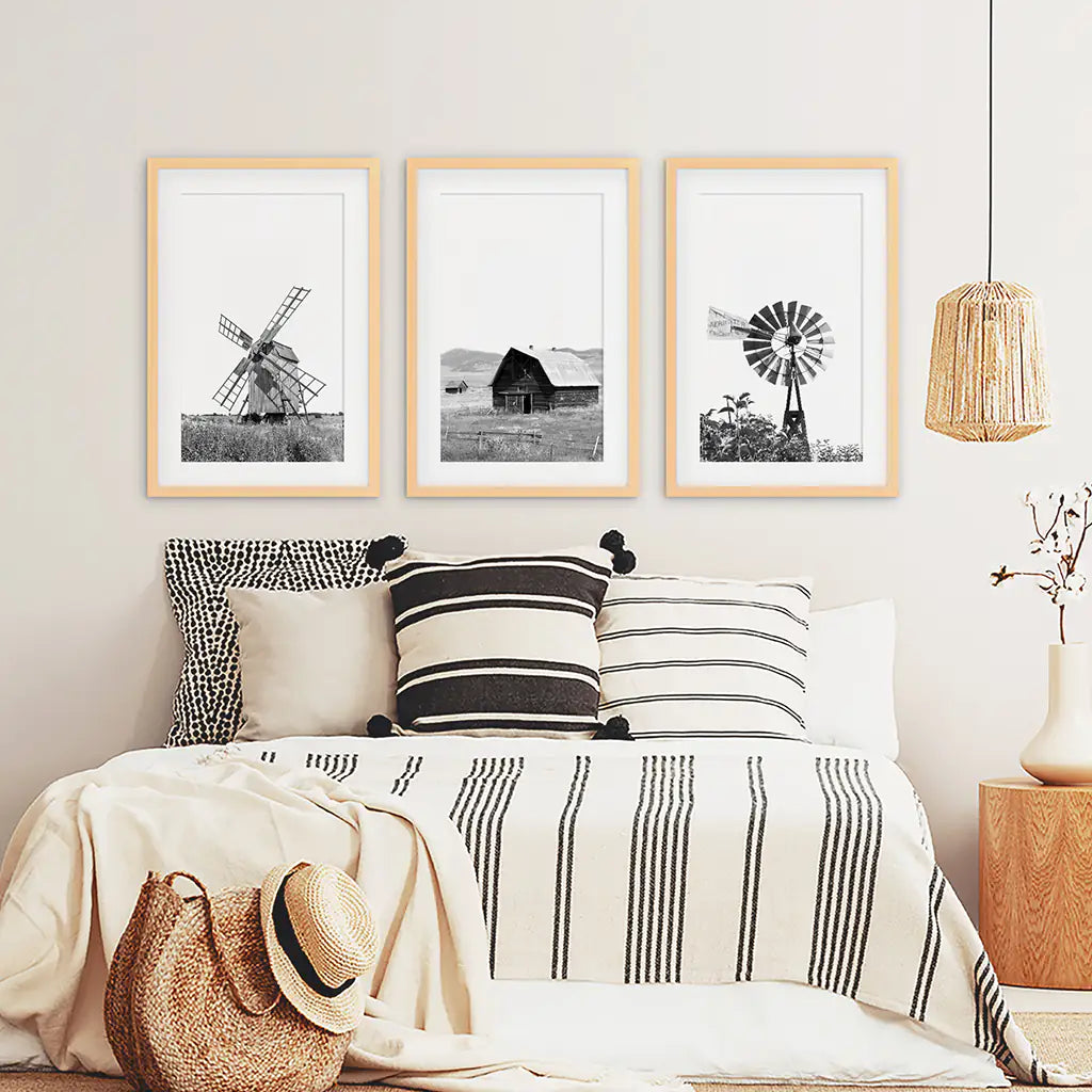Black White Set of 3 Farm Style Prints. Windmill, Barn, Vane