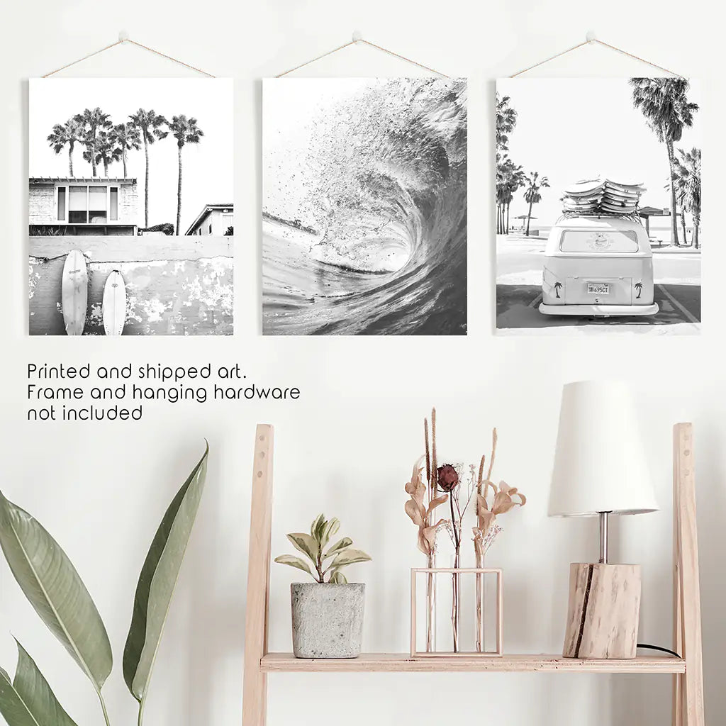 Black White California Surfing Prints. Van, Ocean Wave, Surfboards