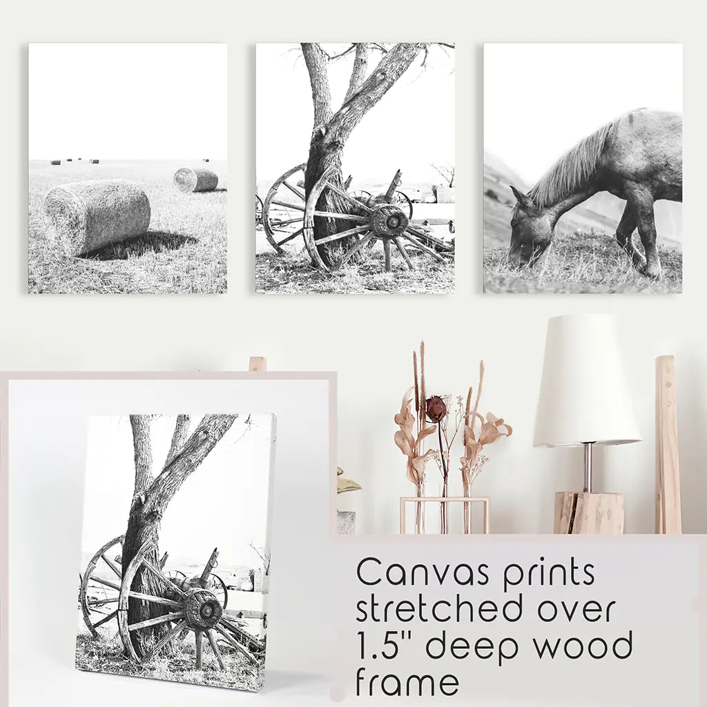 Black White Farm House Wall Décor. Horse, Hay Bales