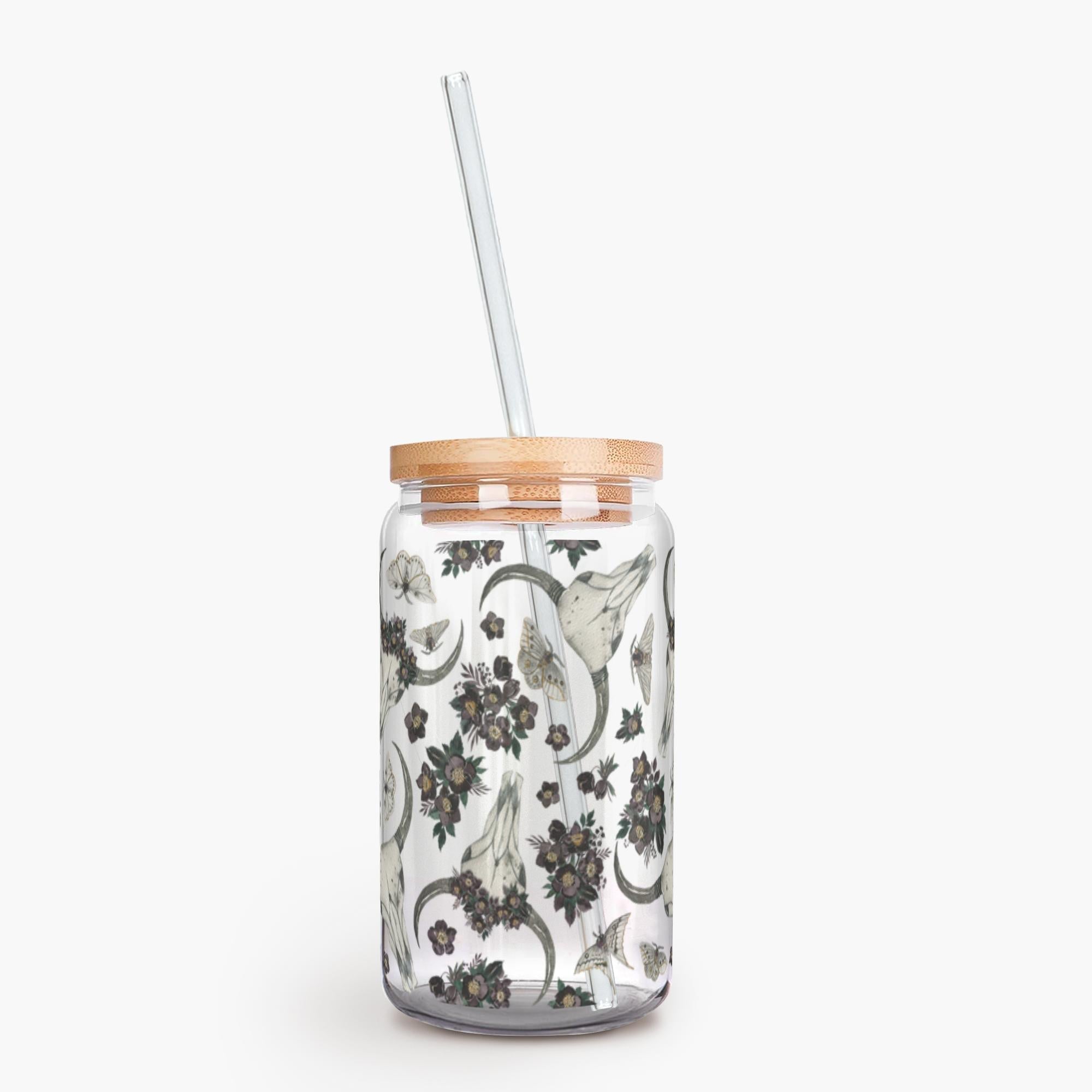 Boho Skull Moths Clear Glass With Lid and Straw