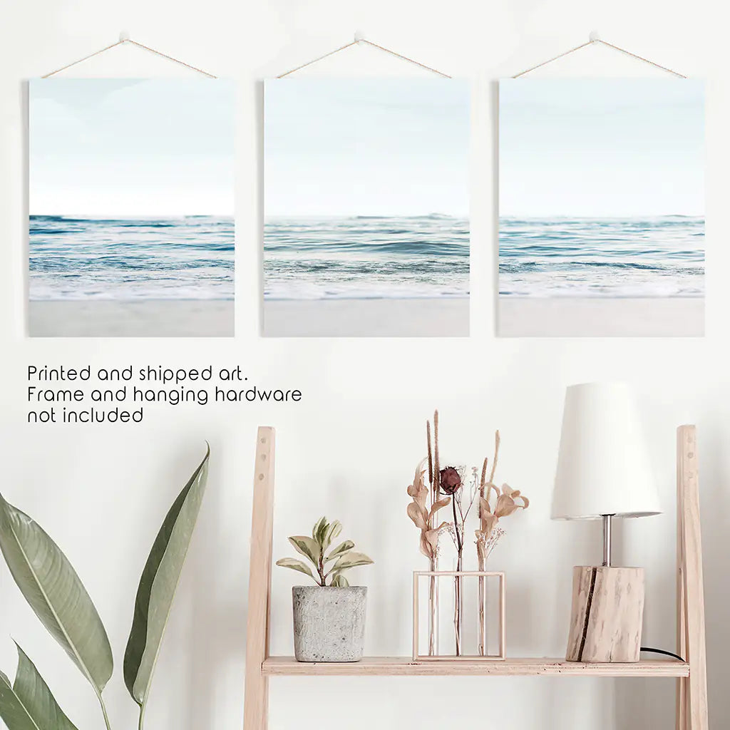 Blue Waves, Sandy Beach. Minimalist 3 Piece Wall Decor