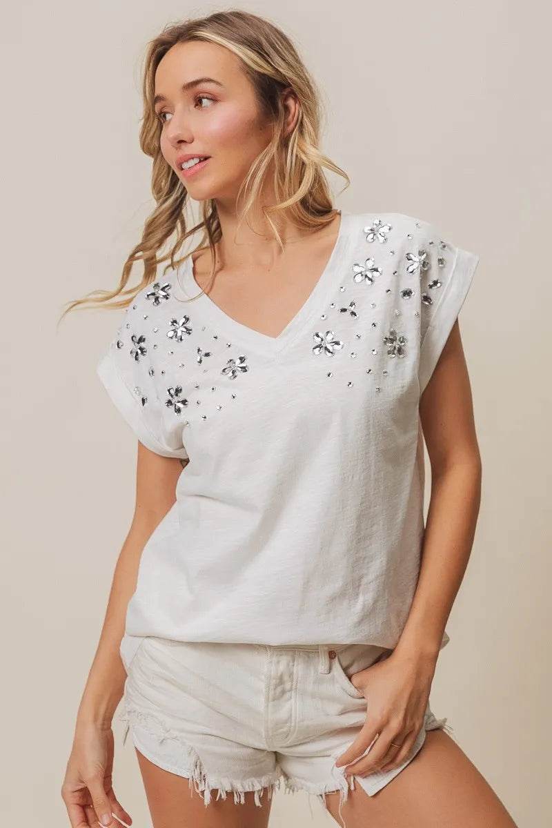 BiBi Slub Jersey Rhinestone V Neck Top