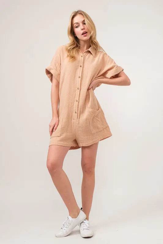 And The Why Washed Gauze Roll-up Sleeve Comfort Utility Romper