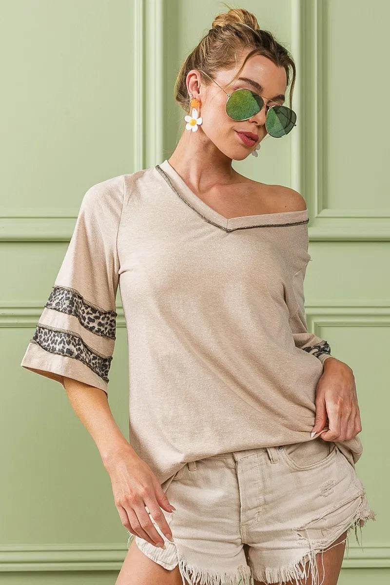 BiBi Triblend Knit Top with Leopard Band Detail
