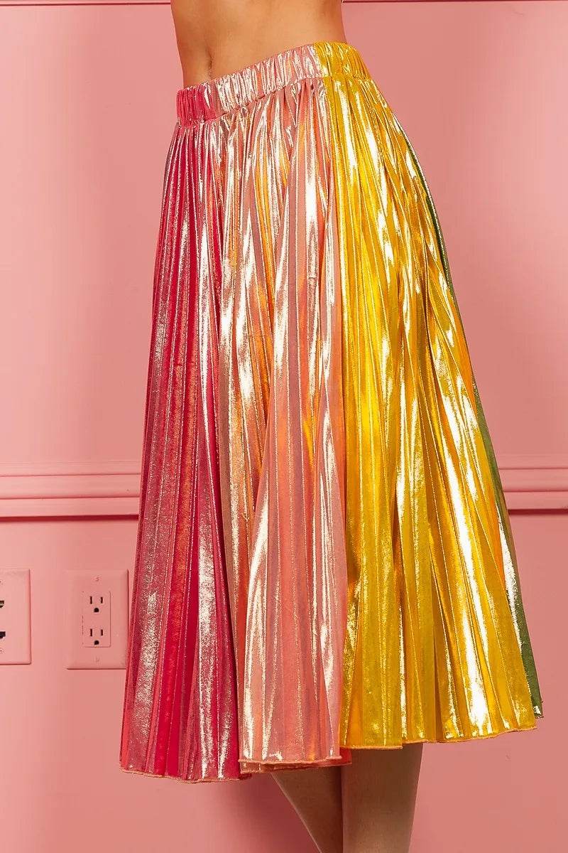 BiBi Metallic Color Block Pleats Midi Skirt
