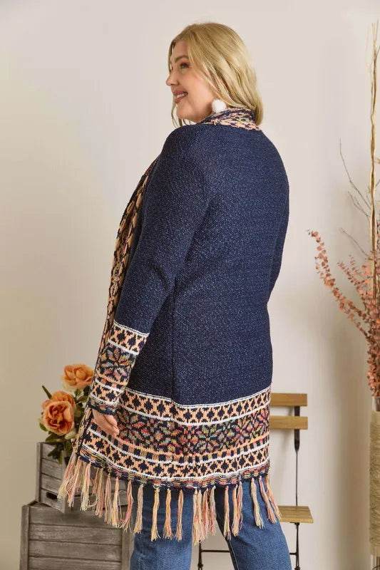 ADORA Full Size Fringe Hem Aztec Border Cardigan Plus Size