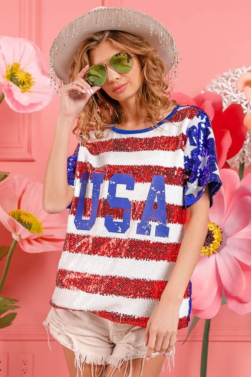 BiBi American Flag Theme USA Lettering Sequin Top