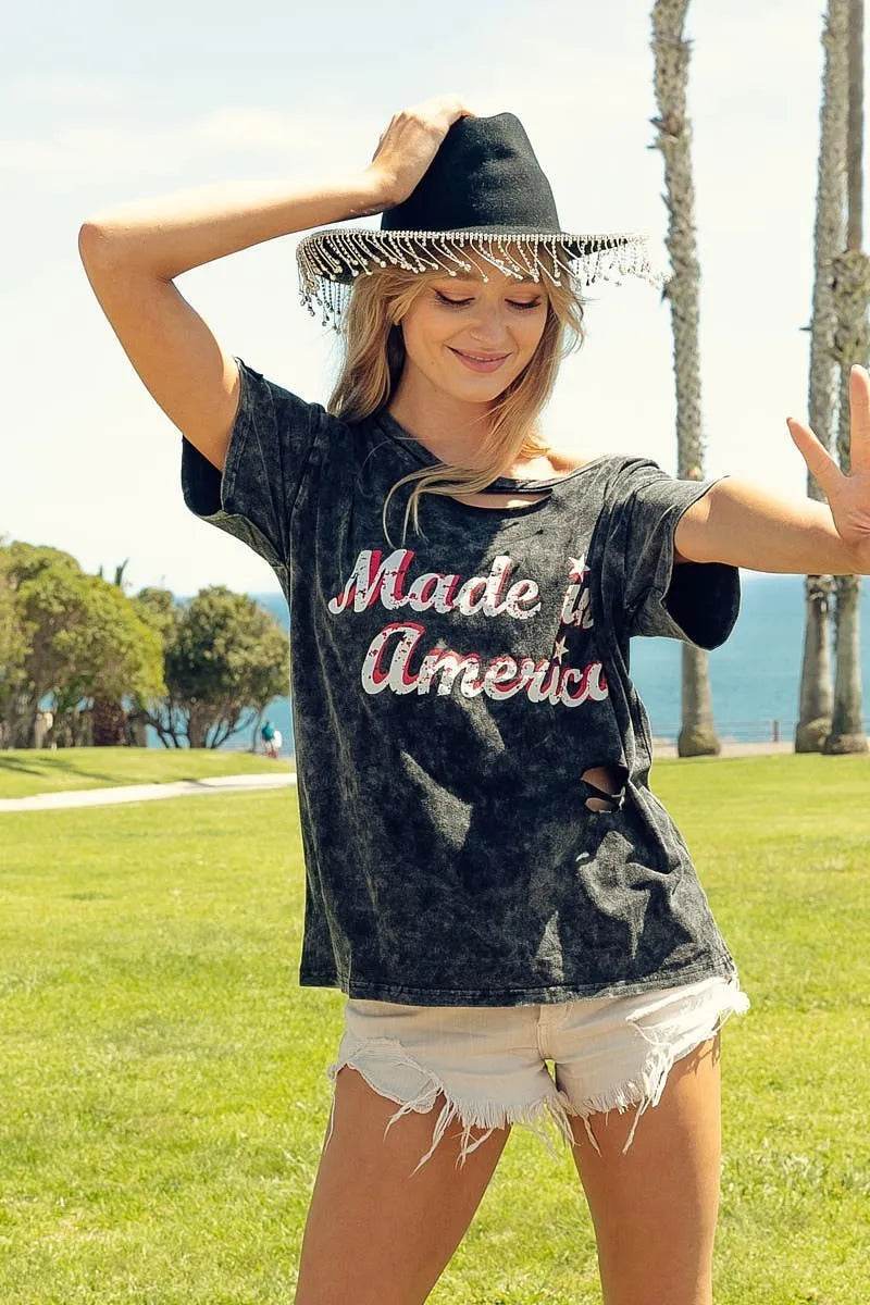 BiBi Laser Cut Mineral Washed America Print Top