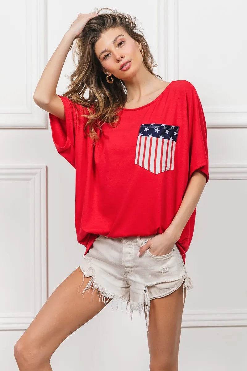 BiBi French Terry With Front Pocket Dolman Sleeves Top