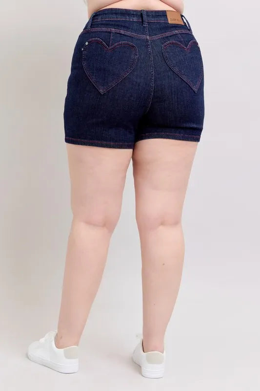 Judy Blue Full Size High Waist Heart Shaped Pkts & Red Contrast Thread Denim Shorts Plus Size
