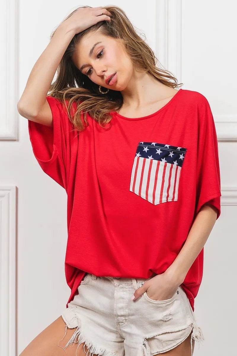 BiBi French Terry With Front Pocket Dolman Sleeves Top