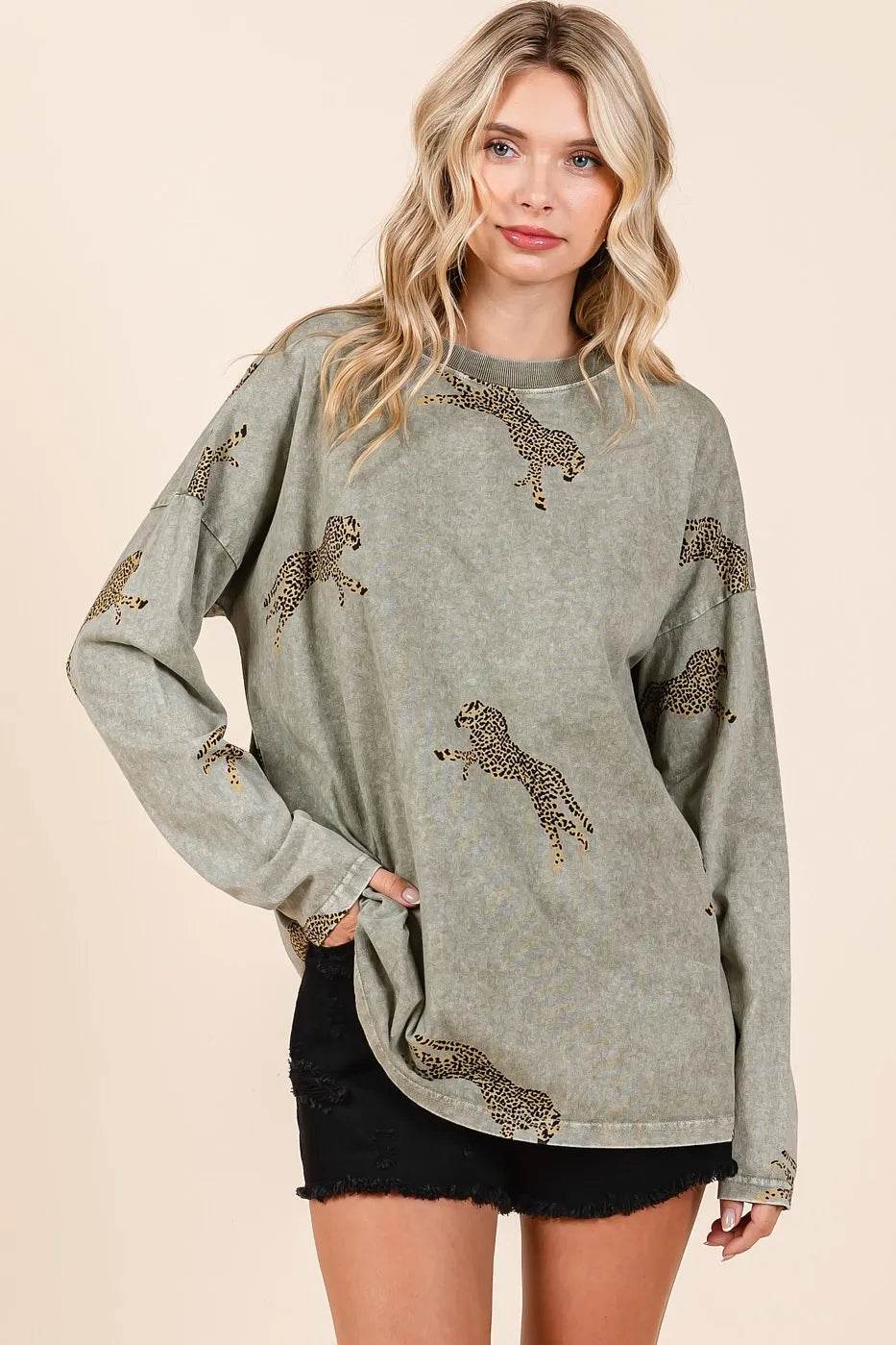 Mittoshop Mineral Wash Cheetah Print Long Sleeve Top