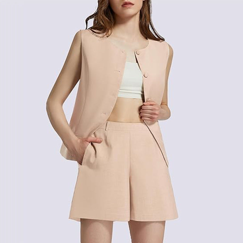 2-piece Sleeveless Round Neck Button High-waisted Trousers Business Work Suits
