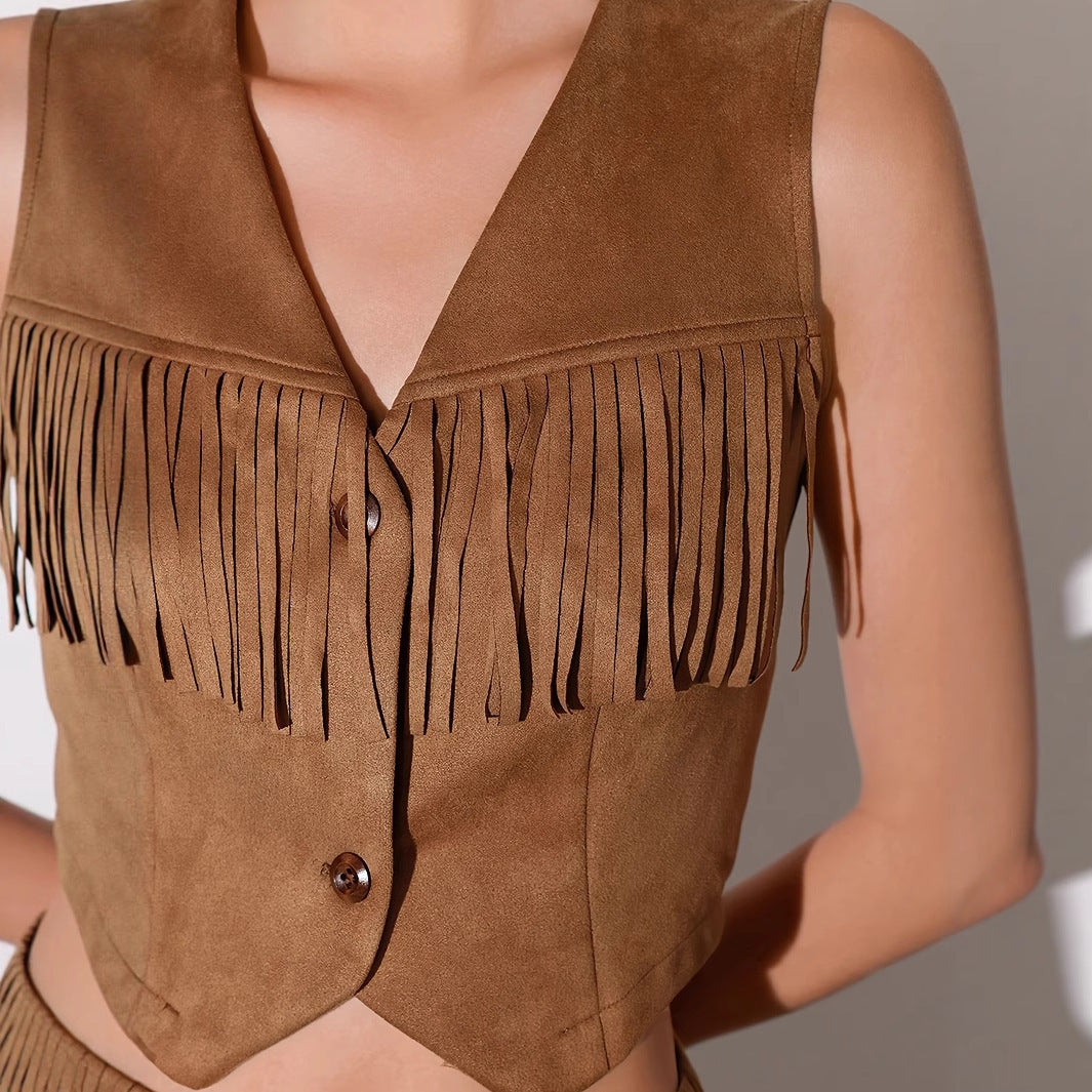Western Denim Style V-neck Tassel Short Slim Fit Women's Sleeveless Vest Jacket Set