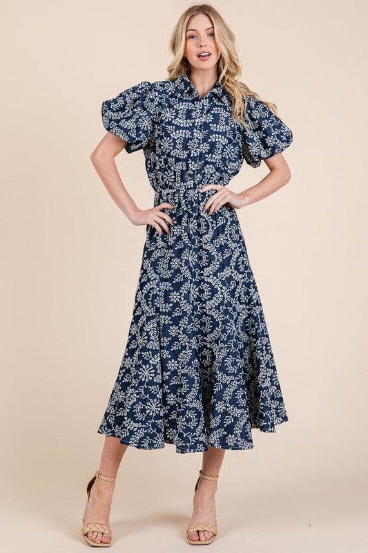 GeeGee Natural Leaf Pattern Eyelet Lace Puff Sleeve Dress