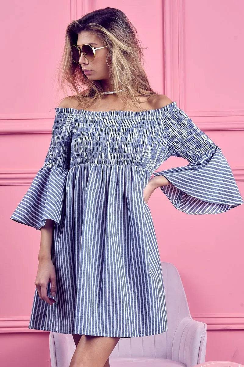 BiBi Smocked Off Shoulder Striped Dress
