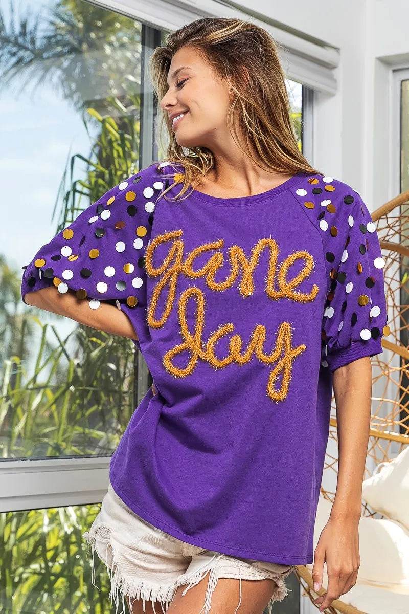 BiBi Game Day Metallic Letter Spangle Sleeve Top