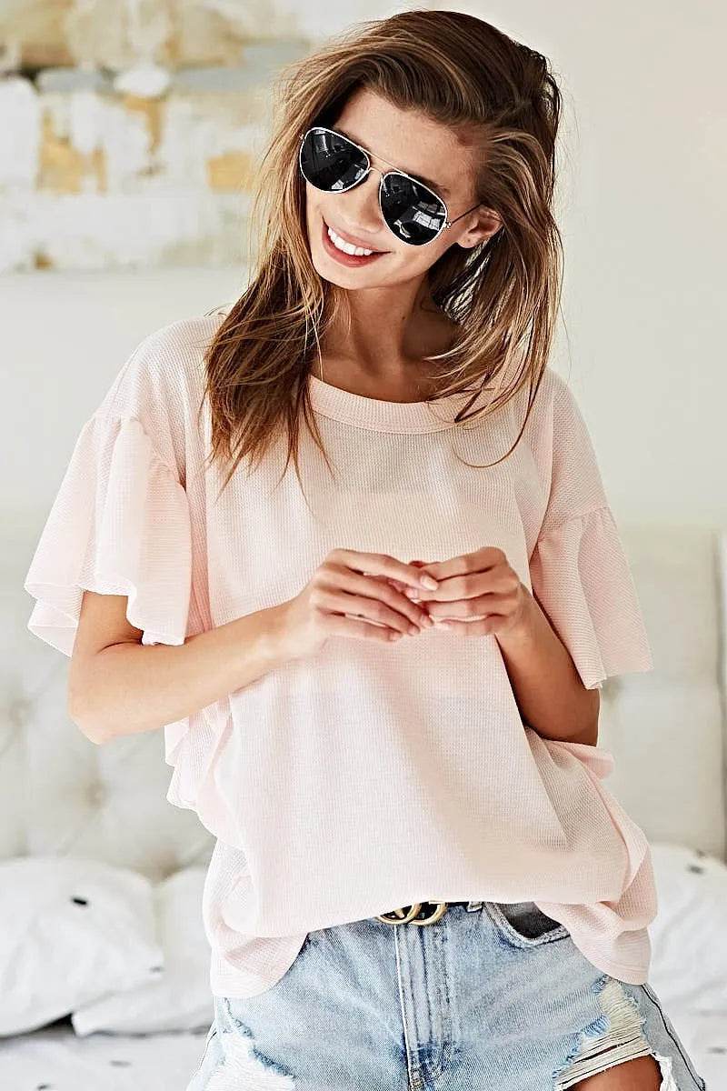 BiBi Thermal Knit with Ruffled Sleeve Top