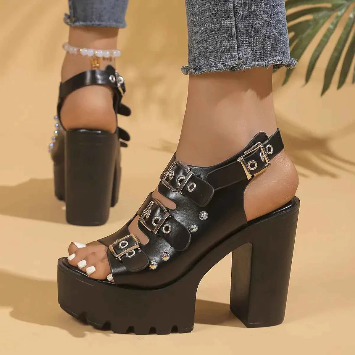 Buckle Platform Block Heels Sandals