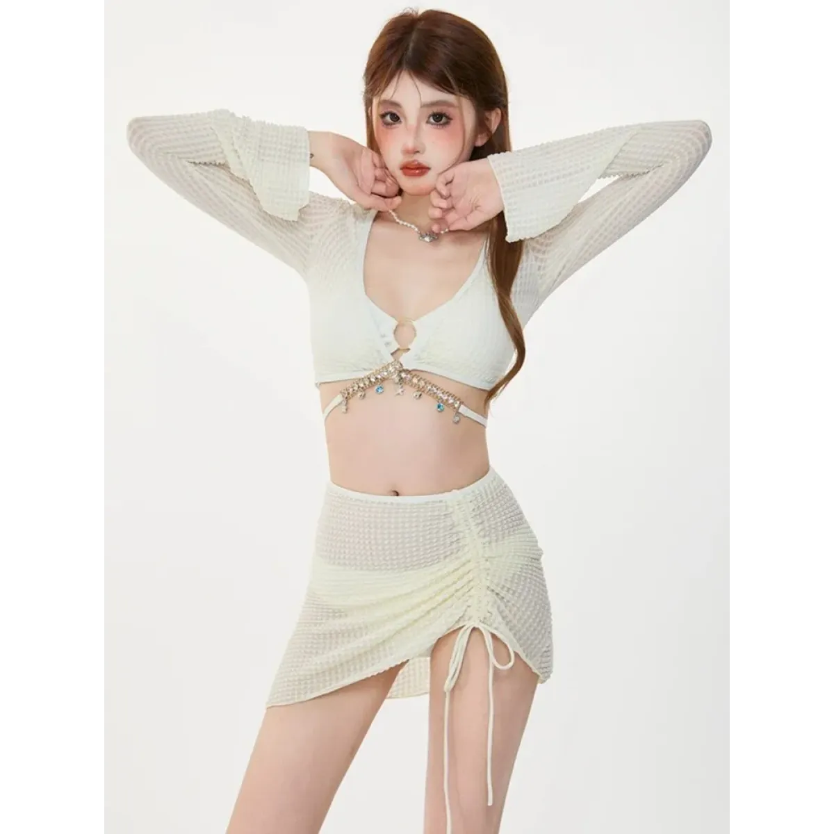 Ivory Mesh Chain Bikini Set – Long Sleeve Lace-Up Beachwear