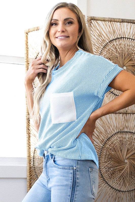 Corded Knit Color Block Pocketed Crew Neck T Shirt