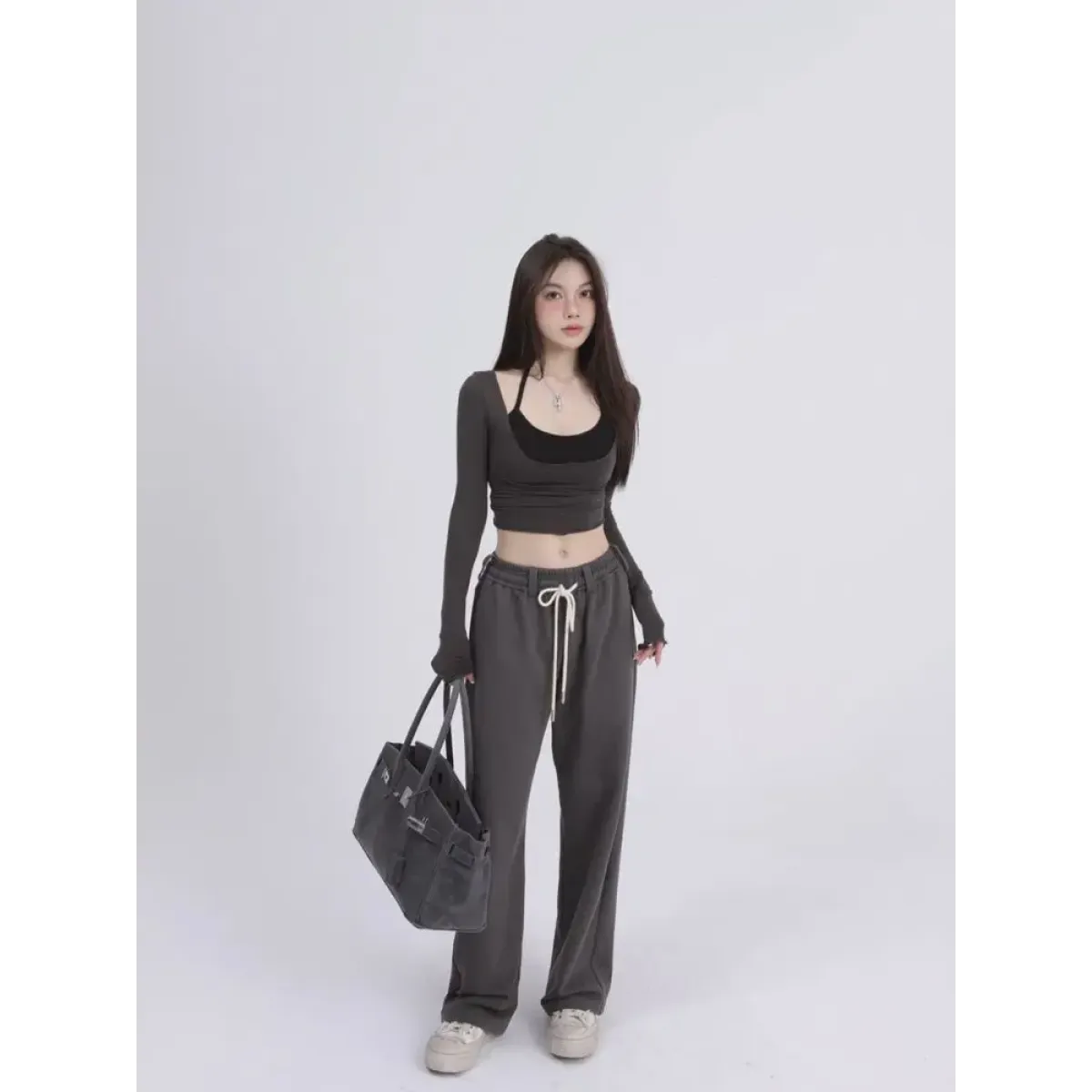 Aesthetic Halter Two-Piece Set - Harajuku Long Sleeve Tee