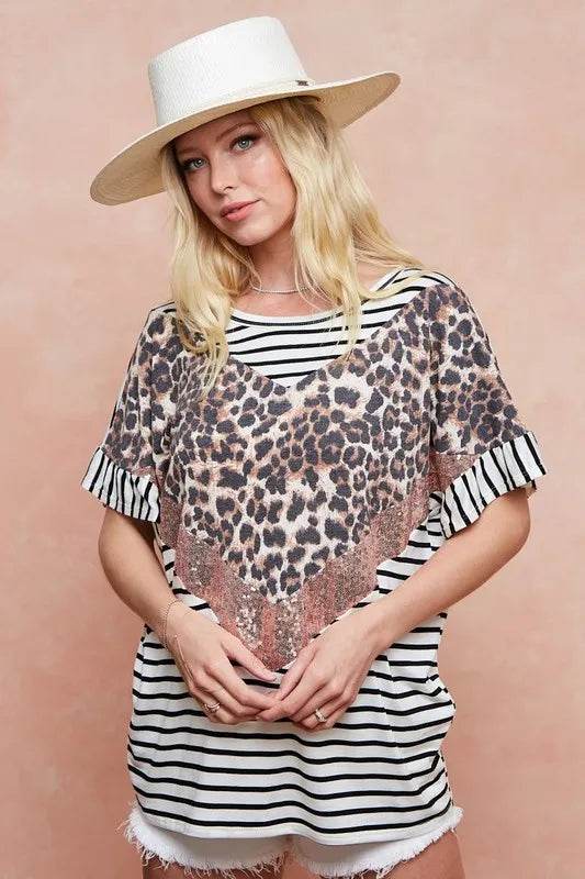BiBi Stripe Rayon Span Knit Color Block Top With Leopard