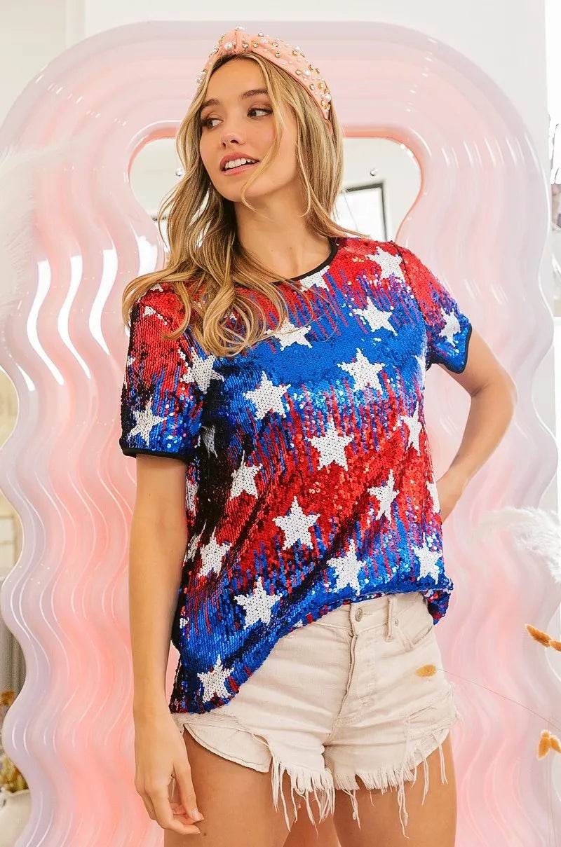BiBi American Theme Star Pattern Sequin Top