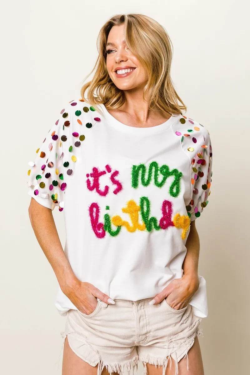 BiBi Metallic Letter Spangle Raglan Puff Sleeve Top