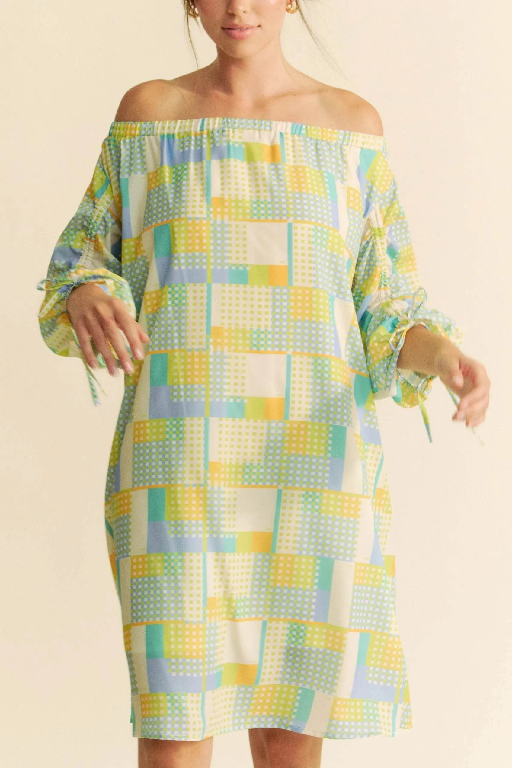 Davi & Dani Printed Off Shoulder Drawstring Sleeve Mini Dress