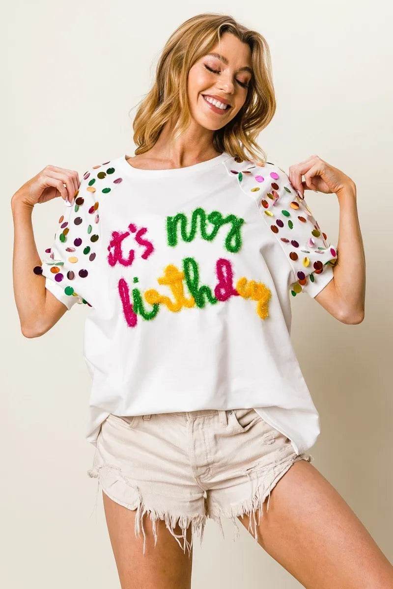 BiBi Metallic Letter Spangle Raglan Puff Sleeve Top