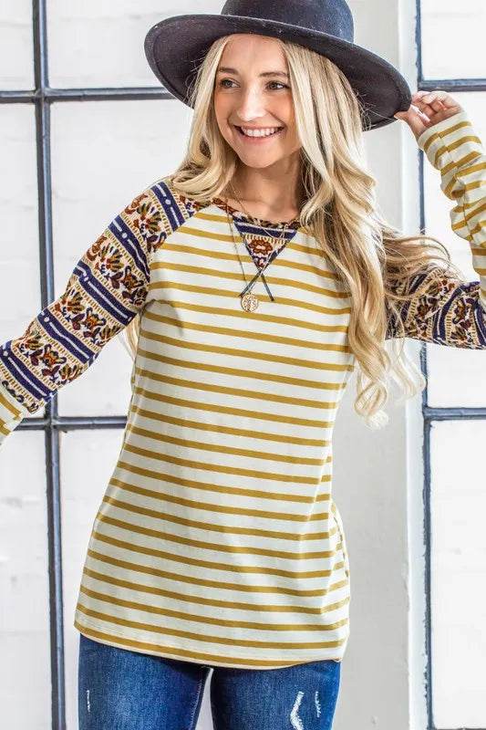 And The Why Stripe Ethnic Print Raglan Top