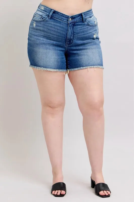 Judy Blue Full Size V-Front Denim Shorts with Shield Pockets Plus Size
